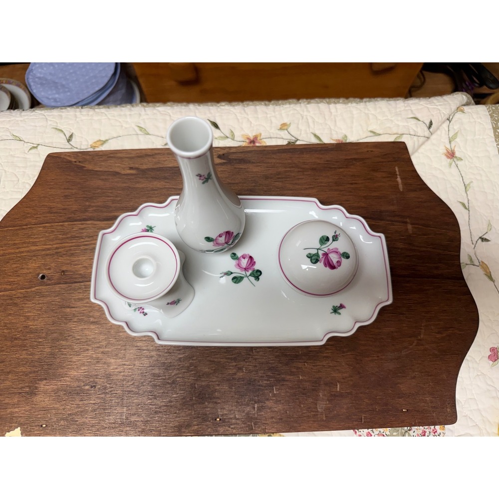 Augarten Wien Viennese Rose Porcelain Vanity Set Tray Vase Trinket Box 4pc - Picture 3 of 7